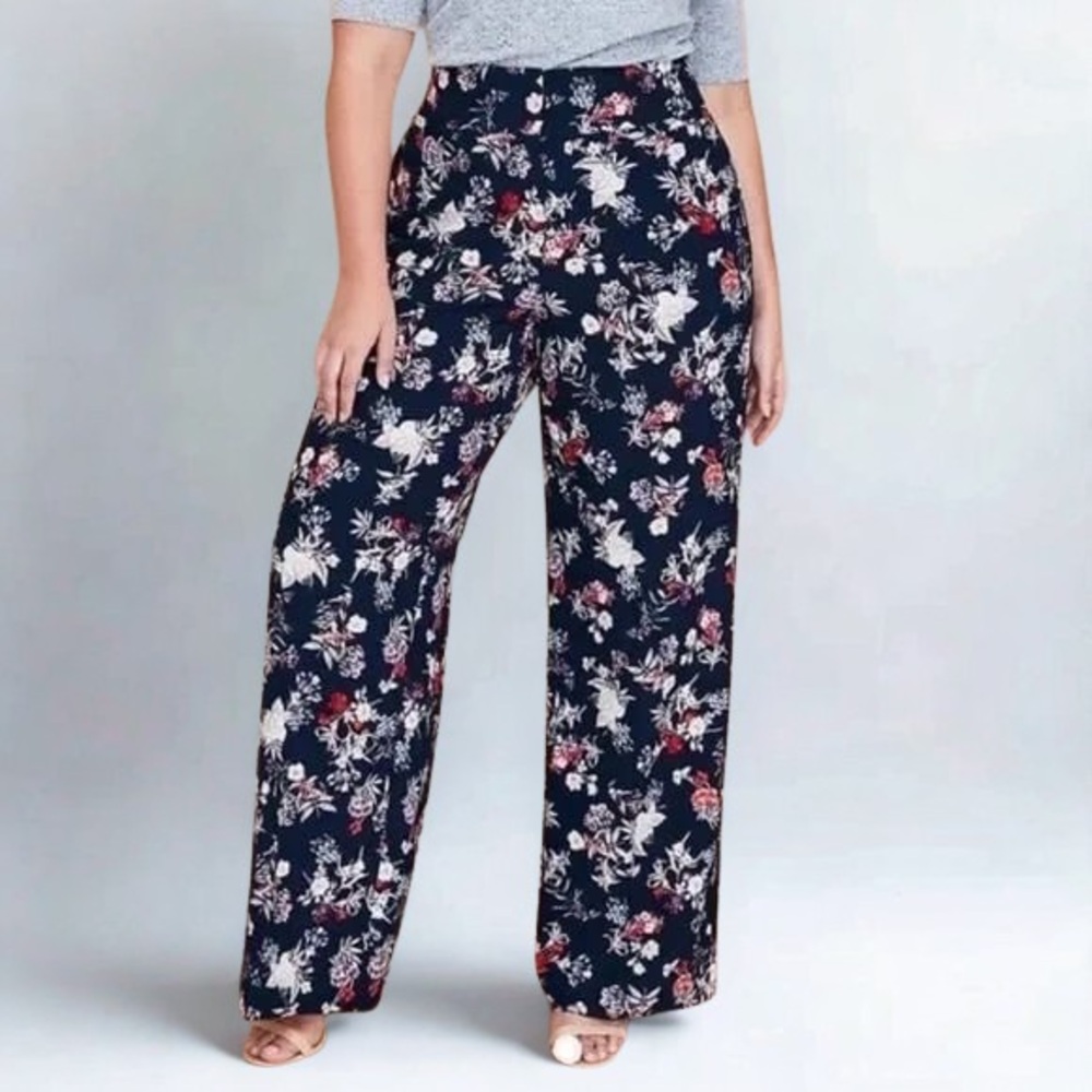Lane Bryant Navy Floral Wide-Leg Pants